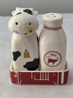 PIER1 Cow & Milk Bottle Ceramic Salt and Pepper Shakers - White, Black, Red